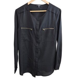 Premise Studio Black Long Sleeve Zip Pocket Button Front Top Women's Large Chic